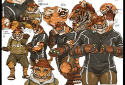 adopted_brother anthro brother_(lore) brothers_(lore) claws clothed clothing dan_smith_(inubikko) fantasy felid gin_smith_(inubikko) gloves hair handwear inubikko jaws male mammal model_sheet multiple_poses muscular muscular_anthro muscular_male pantherine pose scar sibling_(lore) side_view simple_background solo stripes tail tiger white_background