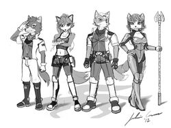 anthro canid canine fan_character female fox fox_mccloud fur greyscale group hair hi_res jecbrush krystal_(star_fox) male mammal monochrome nintendo nora_leslie simple_background sketch star_fox tail white_background