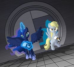 alicorn amber_eyes blonde_hair blue_eyes blue_hair crossover cutie_mark derpy_hooves duo equid equine feathered_wings feathers female feral friendship_is_magic grin hair hasbro horn long_hair mammal my_little_pony mythological_creature mythological_equine mythology pegasus portal_(series) portal_gun princess_luna_(mlp) quadruped smile tail ultimateultimate valve wings