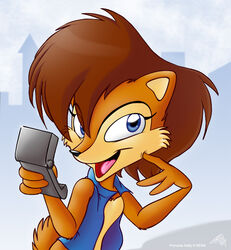 2011 abstract_background anthro archie_comics blue_eyes brown_body brown_fur brown_hair chipmunk female fur ground_squirrel hair looking_at_viewer mammal nicole_(computer) open_mouth rodent sally_acorn sciurid sega signature simple_background solo sonic_the_hedgehog_(archie) sonic_the_hedgehog_(comics) sonic_the_hedgehog_(satam) sonic_the_hedgehog_(series) tobibrocki