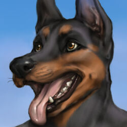 1:1 2012 anakuro anthro black_nose breath brown_eyes canid canine canis digital_media_(artwork) dobermann domestic_dog happy icon low_res male mammal open_mouth panting pinscher smile solo teeth tongue tongue_out whiskers