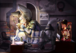 alternative_fashion anthro book clock domestic_cat electronics felid feline felis fur headphones holding_object holding_tool kemono long_day_at_work male mammal map namaneko screwdriver solo steampunk tools white_body white_fur working