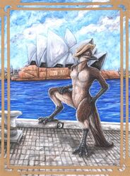 anthro australia avian biped bird brown_body brown_feathers building city clothing detailed_background feathers featureless_crotch female harbor hat headgear headwear kirsch lizanne looking_back lyrebird nude oscine outside passerine pose sea sky solo standing superb_lyrebird sydney sydney_opera_house water