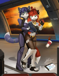 anthro big_breasts blue_body blue_fur blue_hair breasts canid canine clothing duo falling_cup female fox fur hair hi_res jecbrush krystal_(star_fox) mammal medium_breasts nintendo nora_leslie star_fox tail tickling topwear white_body white_fur window