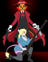 absurd_res alternative_fashion alucard_(hellsing) anthro blonde_hair boots bovid bovine breasts canid canine canis cattle cleavage clothed clothing coat cosplay digital_media_(artwork) domestic_dog duo female footwear gloves gun hair handwear hat headgear headwear hellsing hi_res j-fashion kingofkof legwear male mammal miles_(kingofkof) ouji_(fashion) pink_body ranged_weapon ruby_(rubyluvcow) seras_victoria spazzykoneko stockings tail tail_tuft topwear tuft weapon