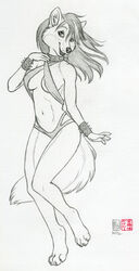 2012 4_toes 5_fingers anthro athletic athletic_anthro athletic_female breasts canid canine canis clothed clothing collar dark_collar dark_nose feet female fingers fluffy fluffy_tail front_view greyscale hair kacey long_hair looking_at_viewer mammal medium_breasts monochrome open_mouth simple_background sketch skimpy smile snout solo spiked_wristband spikes studded_collar studs styx_(un) tail toes white_background wolf wristband