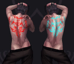  2boys black_hair command_spell commentary_request dual_persona emiya_kiritsugu facing_away fate/zero fate_(series) from_behind katekari_yuusuke multiple_boys neon_trim photoshop_(medium) symmetry tattoo topless_male 