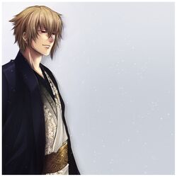  1boy bad_link blonde_hair chikage_kazama hakuouki_shinsengumi_kitan japanese_clothes kimono male_focus red_eyes sash simple_background snow solo tusia 