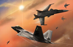  ace_combat ace_combat_x aerial_battle aircraft airplane alect_squadron battle cloud contrail f-22_raptor fighter_jet gryphus_1 highres jet military military_vehicle no_humans photoshop_(medium) s-32 sun sunset thompson_(solowingfh) vehicle_focus 