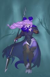  3_toes anthro armor big_feet breasts claws clothing dorukolorukalai feet female fur gunmouth hair hi_res melee_weapon mora night outside pink_hair plant polearm purple_body purple_fur solo star thick_thighs toe_claws toes tree weapon wide_hips wind yellow_eyes 