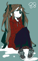  1gir black_legwear brown_hair cyclops female female flat_color full_body hood hoodie long_hair looking_away monster_girl original pale_skin sitting skirt solo tomatojam twintails 