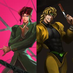  2boys abs blonde_hair commentary_request dio_brando earrings evil_grin evil_smile fangs gakuran grin hierophant_green holding holding_knife jacket jewelry jojo_no_kimyou_na_bouken jojo_pose just1ce kakyoin_noriaki knife male_focus multiple_boys muscular pose purple_eyes red_eyes red_hair scar scar_across_eye scar_on_face school_uniform smile stand_(jojo) stardust_crusaders unfinished 