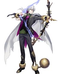  1boy ball_and_chain_restraint bow_(weapon) cape cuffs electricity fire_emblem fire_emblem_heroes fujiwara_ryo_(game_artist) full_body highres holding holding_bow_(weapon) holding_weapon jakob_(fire_emblem) jakob_(halloween)_(fire_emblem) male_focus official_art simple_background solo stitches transparent_background weapon 