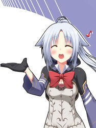  ^_^ ahoge animal_ears bad_id bad_pixiv_id black_gloves blush bow breasts cat_ears cleavage_cutout closed_eyes clothing_cutout commentary_request fantasy_earth fantasy_earth_zero female gloves highres long_hair medium_breasts musical_note open_mouth photoshop_(medium) ponytail simple_background smile solo sorcerer_(binoche_outfit)_(fantasy_earth_zero) sorcerer_(fantasy_earth_zero) two-tone_background white_hair yukichin 