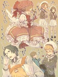  5boys austria_(hetalia) axis_powers_hetalia camera cardcaptor_sakura commentary_request cosplay crossdressing daidouji_tomoyo daidouji_tomoyo_(cosplay) dress germany_(hetalia) hair_ornament hat hoshi_no_tsue japan_(hetalia) kinomoto_fujitaka kinomoto_fujitaka_(cosplay) kinomoto_sakura kinomoto_sakura_(cosplay) kinomoto_sakura_(magic_dream_costume) kinomoto_touya kinomoto_touya_(cosplay) li_syaoran li_syaoran_(cosplay) male_focus multiple_boys northern_italy_(hetalia) parody school_uniform southern_italy_(hetalia) tokino_(tokino127) tomoeda_elementary_school_uniform translation_request wings 