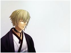  1boy bad_link blonde_hair chikage_kazama hakuouki_shinsengumi_kitan japanese_clothes kimono male_focus red_eyes simple_background snow solo tusia white_kimono 