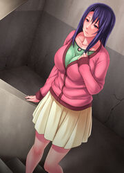  blue_eyes blue_hair blush breasts cardigan closed_mouth collarbone commentary_request cowboy_shot female green_shirt large_breasts long_hair long_sleeves mature_female original pink_sweater rokko shirt sidelocks skirt solo stairs sweater yellow_skirt 