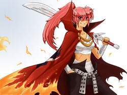  bandages cape cosplay kamina kamina_(cosplay) levantine long_hair lyrical_nanoha mahou_senki_lyrical_nanoha_force mahou_shoujo_lyrical_nanoha mahou_shoujo_lyrical_nanoha_a&#039;s midriff non-web_source pink_hair ponytail scar signum smile solo sunglasses sword tengen_toppa_gurren_lagann weapon 