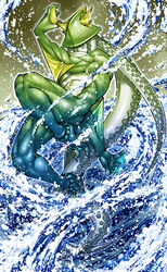  1boy blue_eyes colored_skin commentary_request fins green_skin helmet kagelow male_focus merman monster_boy muscular ocean photoshop_(medium) pixiv_forest solo tentacle tentacle_hair webbed_feet webbed_hands 