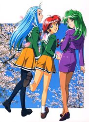  3girls absurdres asou_kasumi blue_eyes blue_hair cherry_blossoms green_hair highres hinomoto_hikari kokura_masashi light_blue_hair loafers long_sleeves looking_at_viewer looking_back minazuki_kotoko mole mole_under_eye multiple_girls odd_one_out official_art open_mouth pantyhose pencil_skirt photo_(object) pleated_skirt profile red_eyes red_hair school_uniform shoes short_hair skirt tokimeki_memorial tokimeki_memorial_2 yellow_eyes 