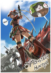  armor ass belt blue_eyes boots commentary_request day dragon elbow_gloves esc. female from_below full_armor gloves grey_hair heart helmet hermitaur_(armor) knee_boots kneepits looking_back melynx monster monster_hunter_(character) monster_hunter_(series) photoshop_(medium) ponytail rathalos rathalos_(armor) short_hair silver_rathalos_(armor) skirt sky smile sword weapon wyvern 