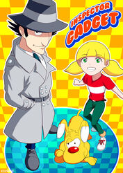  2boys 80s age_difference blonde_hair brain_(inspector_gadget) canine dic_entertainment father_and_daughter female gadget green_eyes grin hat inspector_gadget kei-suwabe keisuwabe looking_at_viewer multiple_boys oldschool penny_(inspector_gadget) short_hair smile trench_coat twintails 