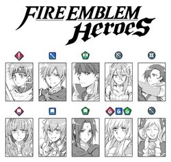  4boys 6+girls armor celica_(fire_emblem) closed_eyes commentary_request cordelia_(bridal)_(fire_emblem) cordelia_(fire_emblem) cosplay delthea_(fire_emblem) dress elise_(fire_emblem) eliwood_(fire_emblem) eliwood_(fire_emblem)_(cosplay) ephraim_(fire_emblem) facial_mark fire_emblem fire_emblem:_the_binding_blade fire_emblem:_the_blazing_blade fire_emblem:_the_sacred_stones fire_emblem_awakening fire_emblem_echoes:_shadows_of_valentia fire_emblem_fates fire_emblem_heroes greil greil_(cosplay) ike_(fire_emblem) jin_(phoenixpear) kagero_(fire_emblem) limited_palette long_hair looking_at_viewer multiple_boys multiple_girls ninian_(fire_emblem) open_mouth roy_(fire_emblem) short_hair smile soren_(fire_emblem) spot_color twintails wedding_dress 