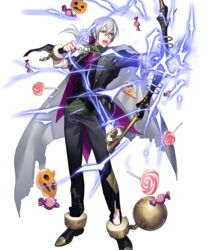  1boy ball_and_chain_restraint bow_(weapon) candy cape cuffs electricity fire_emblem fire_emblem_heroes food fujiwara_ryo_(game_artist) full_body highres holding holding_bow_(weapon) holding_weapon jakob_(fire_emblem) jakob_(halloween)_(fire_emblem) lollipop male_focus official_art simple_background solo stitches swirl_lollipop transparent_background weapon 