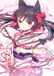  animal_ears black_hair bow branch domotolain female hair_ribbon hairbow japanese_clothes kimono long_hair obi otome_youkai_zakuro photoshop_(medium) pink_kimono ribbon sash solo twintails zakuro_(otome_youkai_zakuro) 