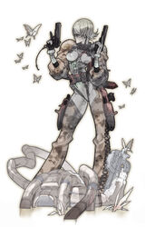  absurdres bodysuit bug butterfly chaps dual_wielding female gloves gun handgun highres holding holster masao_tsubasa metal_gear_(series) metal_gear_acid monochrome official_art short_hair solo standing teliko_friedman trigger_discipline weapon 