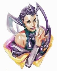  antenna_hair card clothing_cutout daniel_oduber detached_sleeves dress female green_eyes hagoromo hair_slicked_back long_hair playing_card purple_hair realistic rose_(street_fighter) shawl shoulder_cutout single_hair_intake solo street_fighter street_fighter_iv_(series) street_fighter_zero_(series) white_background 