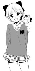  :d bow cowboy_shot female greyscale hairbow hamao hime-chan_no_ribbon monochrome nonohara_himeko open_mouth school_uniform short_hair skirt smile solo sweater 