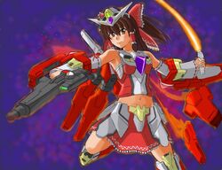  crossover gun gundam gundam_00 mecha midriff ms_girl navel reborns_gundam rifle sword touhou weapon 