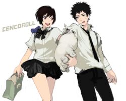  1boy amputee artist_request black_hair cenco cencoroll female holding_hands interlocked_fingers school_uniform short_hair spoilers tetsu_(cencoroll) yuki_(cencoroll) 