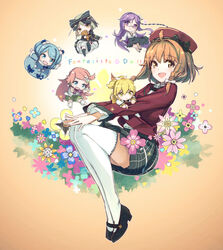  6+girls akari_(fantasista_doll) bad_id bad_pixiv_id beret black_legwear blazer blonde_hair bloomers blue_eyes blue_hair bow brown_eyes chibi copyright_name dress eyebrows fantasista_doll fishnet_pantyhose fishnets flower fur_trim glasses gradient_background grey_hair hair_flower hair_ornament hairbow hairclip hands_on_own_knees hat jacket katia_(fantasista_doll) legs_up long_hair looking_at_viewer madeleine_(fantasista_doll) mary_janes multiple_girls open_mouth orange_background orange_hair pantyhose pemu pink_hair ponytail purple_eyes purple_hair rapier sasara_(fantasista_doll) shimeji_(fantasista_doll) shoes short_hair shorts skirt stuffed_animal stuffed_toy sword teddy_bear thighhighs twintails underwear uno_uzume weapon white_legwear yellow_eyes zettai_ryouiki 