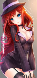  bad_id bad_pixiv_id black_thighhighs blue_eyes blush breasts choker cleavage crime_city_miss_fortune female formal garter_straps hat jacket keikazz large_breasts league_of_legends long_hair looking_at_viewer miss_fortune_(league_of_legends) panties pantyshot pencil_skirt photoshop_(medium) pinstripe_pattern pinstripe_suit red_hair skirt skirt_suit smile solo standing striped suit thighhighs underwear 