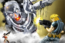  1990s_(style) 2boys armor bandana battle big_fuzz bill_rizer black_hair blonde_hair contra contra_iii_the_alien_wars fingerless_gloves firing gloves gun headband highres holding holding_gun holding_weapon lance_bean maher_al-samkari mecha monster multiple_boys muscular muzzle_flash photoshop_(medium) pouch retro_artstyle robot rocket_launcher science_fiction skull vest video_game weapon 