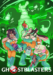  4girls black_hair blaster_(splatoon) boots callie_(splatoon) carrying chum_(splatoon) clash_blaster_(splatoon) colored_skin commentary dark-skinned_female dark_skin english_commentary fangs flyfish_(splatoon) ghost ghostbusters gloves gomipomi green_eyes green_footwear green_gloves grey_hair gun highres holding holding_weapon inkling lifebuoy long_sleeves looking_at_viewer luna_blaster_(splatoon) marie_(splatoon) marina_(splatoon) maws_(splatoon) mole mole_under_mouth multiple_girls no_symbol octoling open_mouth orange_overalls overalls parody pearl_(splatoon) photoshop_(medium) pink_hair pointy_ears princess_carry rapid_blaster_pro_(splatoon) rubber_boots rubber_gloves salmon_run_(splatoon) salmonid scared shirt short_hair smallfry_(splatoon) splatoon_(series) splatoon_1 splatoon_2 squid standing steelhead_(splatoon) stinger_(splatoon) swim_ring tearing_up tentacle_hair weapon white_shirt 