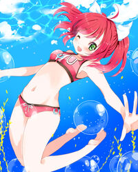  ;d air_bubble bad_feet bad_id bad_pixiv_id barefoot bikini bubble female freediving green_eyes long_hair navel one_eye_closed open_mouth pink_bikini ponytail red_hair smile solo swimming swimsuit takeyoshi_(akirakoi) umi_monogatari underwater urin_(umi_monogatari) 