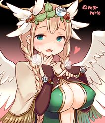  angel_wings archangel_(p&amp;d) bad_id bad_pixiv_id blonde_hair blush breasts capelet cleavage covered_nipples cropped_jacket elbow_gloves female fingerless_gloves fringe_trim gloves green_eyes hair_ornament head_wreath heavy_breathing large_breasts leaf_hair_ornament long_hair mashiro_miru puzzle_&amp;_dragons solo sweatdrop twitter_username wings 