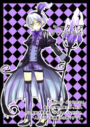  1boy cape fire flame full_body gijinka gothic_lolita high_heels lolita_fashion male male_focus moemon personification pokemon pokemon_(game) pokemon_black_and_white pokemon_bw purple_hair scarf shanderaa shoes short_hair simple_background solo staff thighhighs trap yellow_eyes 