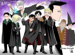  6+boys albus_dumbledore albus_dumbledore_(cosplay) animal animal_on_shoulder beard black_hair blonde_hair blue_eyes brown_eyes canine cellphone christophe_giacometti commentary_request cosplay crossed_arms facial_hair female georgi_popovich glasses green_eyes grey_eyes grey_hair gryffindor hair_over_one_eye harry_potter_(series) hat hogwarts_school_uniform katsuki_yuuri kisaragi_mizu lilia_baranovskaya minerva_mcgonagall minerva_mcgonagall_(cosplay) multiple_boys necktie open_mouth otabek_altin phichit_chulanont phone school_uniform slytherin smartphone smile sweater_vest twitter_username vicchan viktor_nikiforov voldemort voldemort_(cosplay) wand witch witch_hat wizarding_world yakov_feltsman yuri!!!_on_ice yuri_plisetsky 