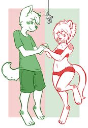  anthro blush bottomwear canid canine canis christmas closed_eyes clothing domestic_dog domestic_ferret female hair hand_holding hizzie holidays husky male mammal mistletoe mustelid musteline nordic_sled_dog plant shirt short_hair shorts smile spitz topwear true_musteline weasel 