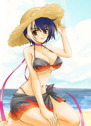  bad_id bad_pixiv_id beach bikini black_bikini black_sarong blue_hair blush breasts brown_eyes choker cleavage cloud day female flame_print gien hat highres kneeling koihime_musou large_breasts mali multicolored_hair navel outdoors print_sarong sarong seiza shin_koihime_musou shiny_skin short_hair sitting smile solo straw_hat sun_hat swimsuit two-tone_hair underboob water white_hair 