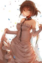  ahoge bismarck_(warship_girls_r) brown_eyes brown_hair commentary_request confetti dress elbow_gloves female gloves highres juine looking_at_viewer short_hair smile solo strapless strapless_dress warship_girls_r 