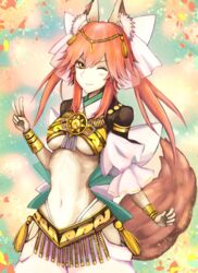  absurdres amaterasu_(fate) animal_ears blush breasts commentary fate/extra fate/extra_ccc fate_(series) female fox_ears fox_tail hair_ribbon highres kaze_minoru_so-ru long_hair looking_at_viewer medium_breasts navel official_alternate_costume one_eye_closed open_mouth pink_hair ribbon solo tail tamamo_(fate) tamamo_no_mae_(fate/extra) twintails underboob v yellow_eyes 