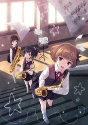  3girls :d alto_saxophone baritone_saxophone black_hair blush brown_hair commentary_request flower hair_flower hair_ornament hairclip instrument kneehighs multiple_girls open_mouth original pleated_skirt ribbon saxophone school_uniform sheet_music shoes short_hair short_ponytail skirt smile socks stairs star_(symbol) sweater_vest tenor_saxophone uwabaki white_legwear window yakka 