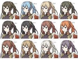  alternate_hair_color black_hair blonde_hair blue_hair blush brown_hair commentary_request female fire_emblem fire_emblem_awakening frown grey_eyes grey_hair long_hair migime1 orange_hair purple_hair severa_(fire_emblem) translated twintails variations 