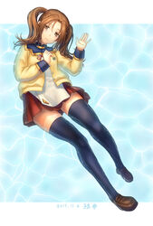  artist_name blue_thighhighs blush brown_eyes brown_footwear brown_hair collar commentary_request dated emblem female full_body hand_on_own_chest highres jacket loafers long_sleeves lying missing_blue on_back open_clothes open_jacket partially_submerged pleated_skirt red_skirt ribbon ritsuki_saya sabamu school_uniform shoes skirt sleeves_rolled_up smile solo thighhighs two_side_up unbuttoned water waving wet zettai_ryouiki 