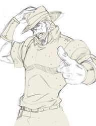  1boy commentary_request gloves grin hat jojo_no_kimyou_na_bouken joseph_joestar joseph_joestar_(old) male_focus monochrome mukai official_style pointing polo_shirt smile solo stardust_crusaders upper_body wrinkled_skin 